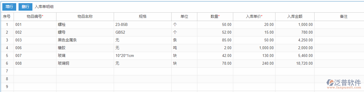 期初庫存錄入明細(xì)效果圖