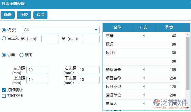 項目勘察查詢頁面打印設(shè)置