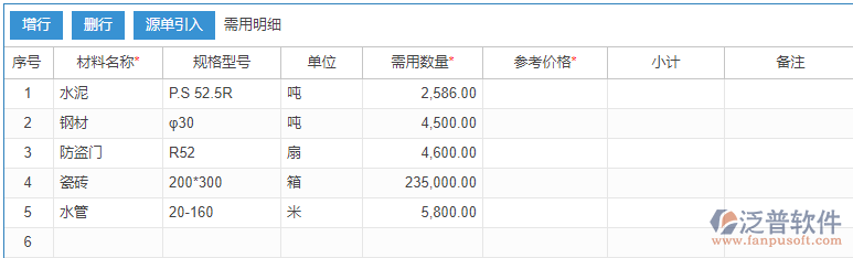 建筑工程材料需用計劃表上源單引入效果