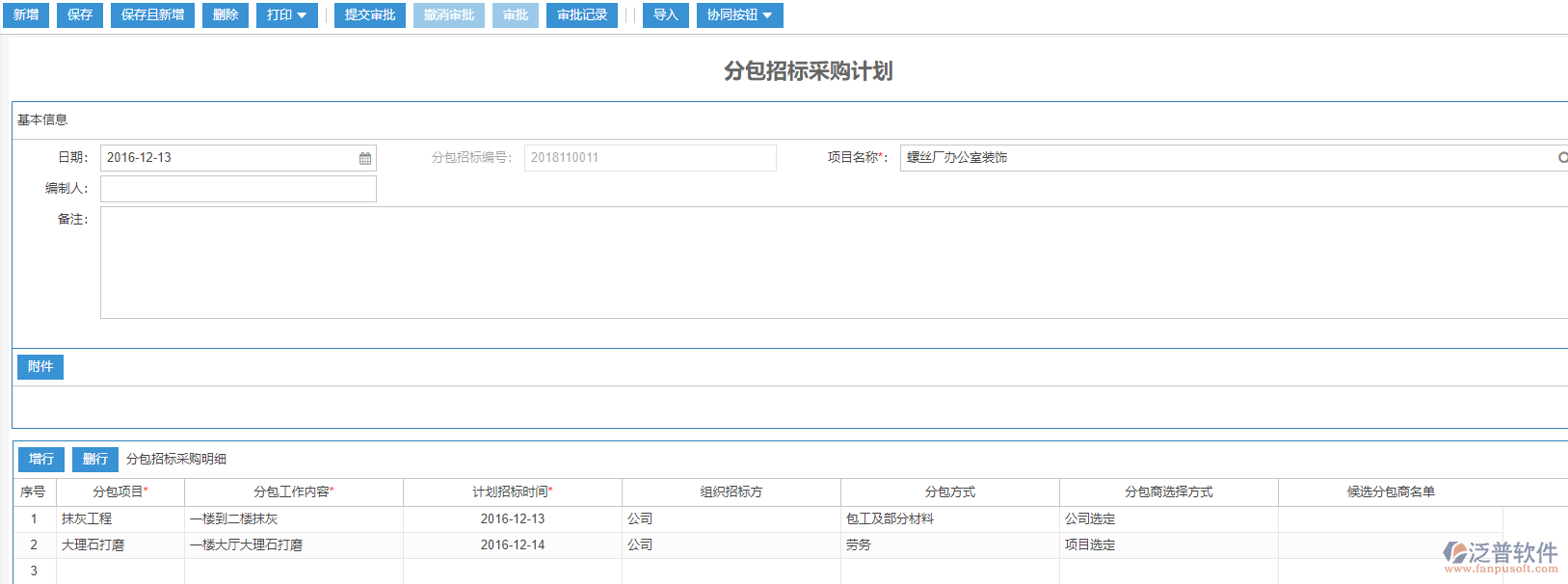 分包招標(biāo)采購計(jì)劃