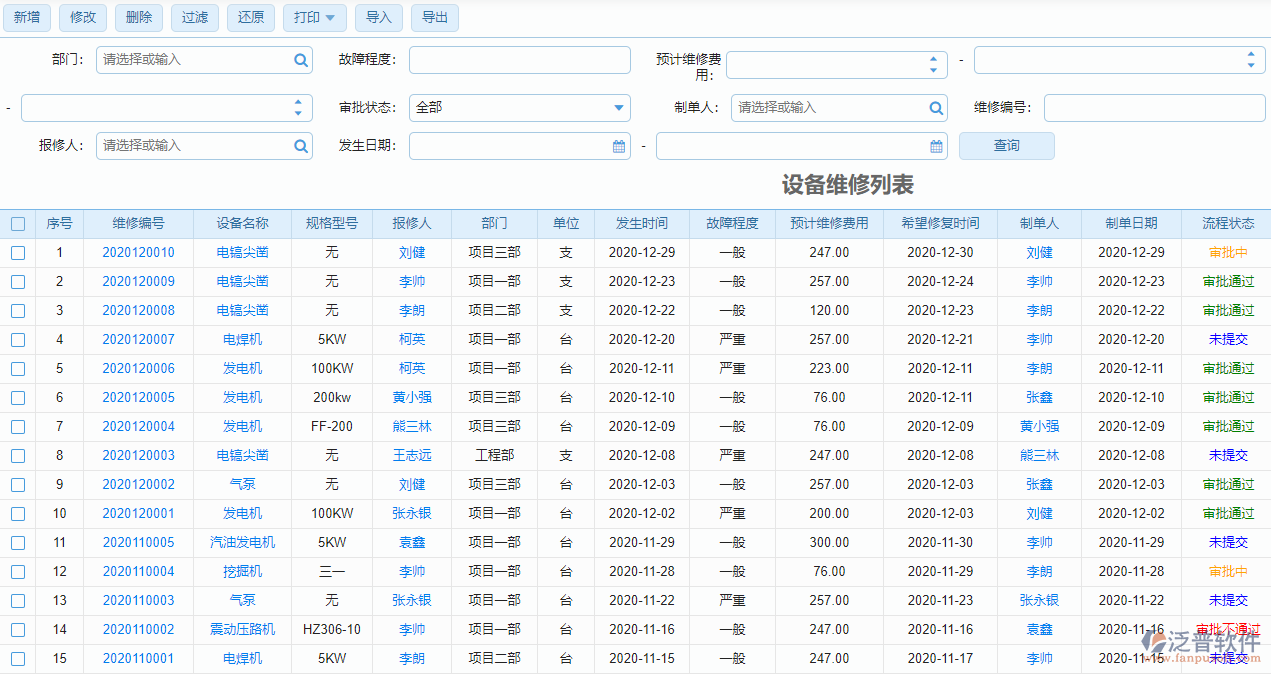 設備維修列表