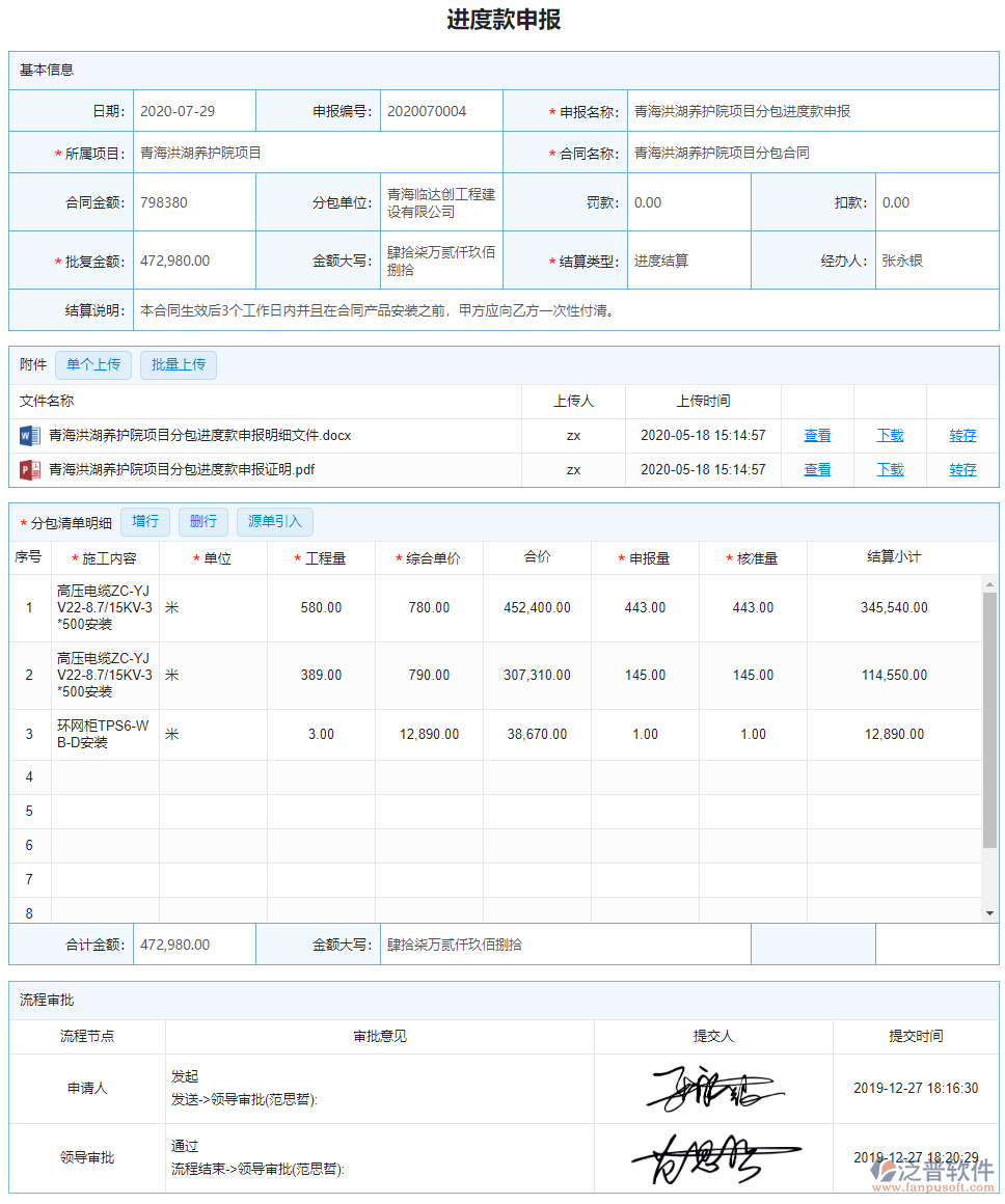 分包進(jìn)度款申報(bào)