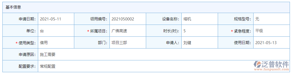 設(shè)備領(lǐng)用基本信息