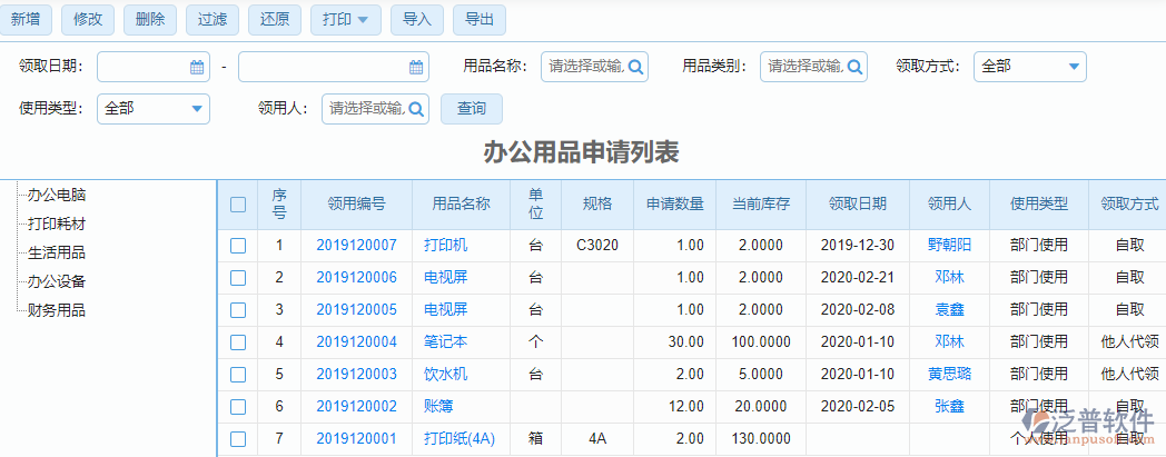 辦公用品申請(qǐng)列表