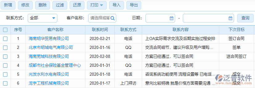 聯(lián)系記錄列表