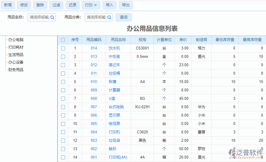 辦公用品信息列表