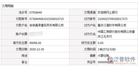 吉林嘉承建筑勞務(wù)公司簽約工程信息化管理平臺(tái)匯款記錄附圖