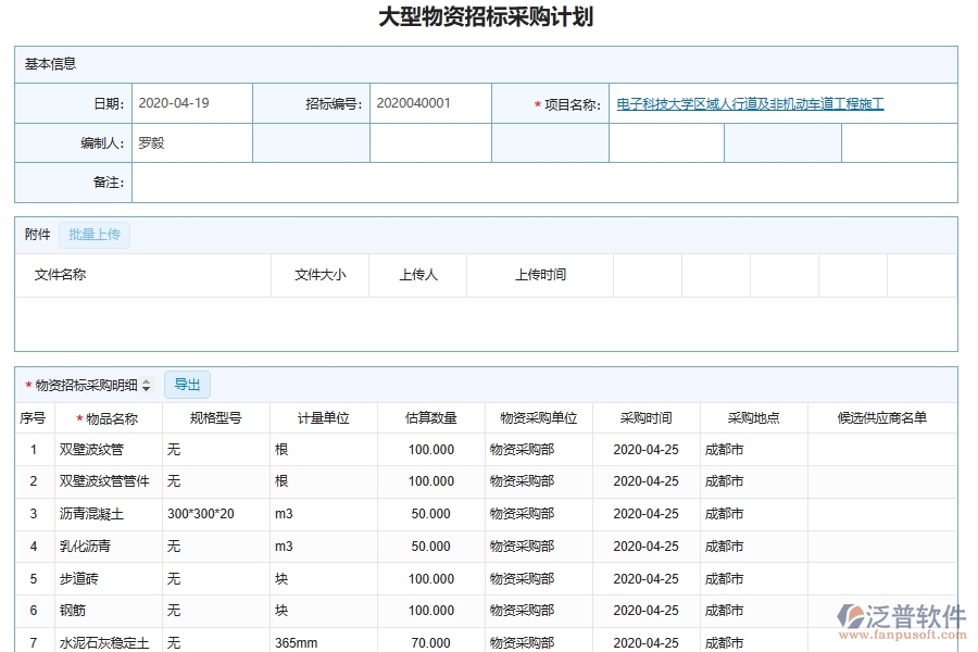 泛普軟件的市政工程企業(yè)管理系統(tǒng)如何有效提高招標(biāo)計(jì)劃中大型物資采購(gòu)計(jì)劃的管理