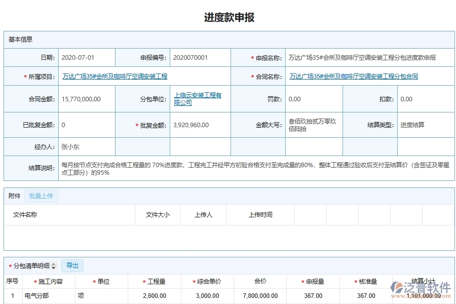 設備安裝工程企業(yè)分包進度款申請審批匯總單據(jù)及列表