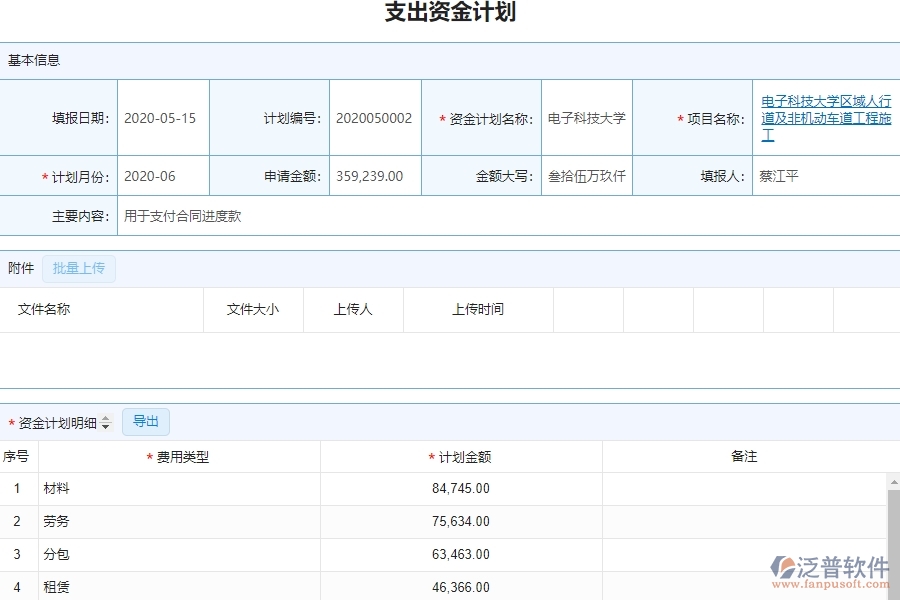 泛普電力工程項目管理系統(tǒng)在支出資金計劃列表中的亮點