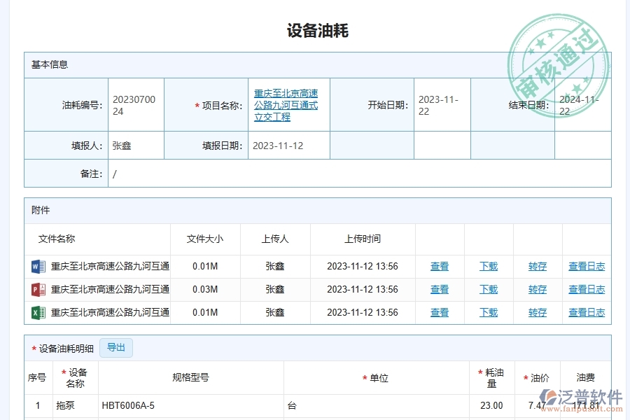 泛普軟件-路橋工程管理系統(tǒng)在設(shè)備用油耗料明細(xì)匯總管理中的應(yīng)用場景