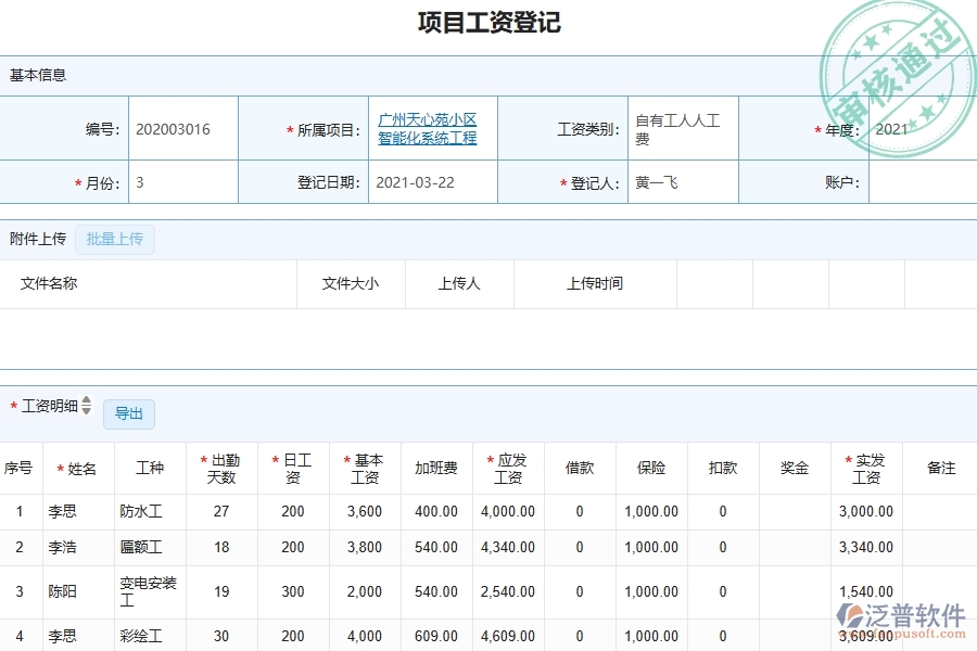 三、泛普軟件-園林工程企業(yè)管理系統(tǒng)中的項目工資列表主要內(nèi)容