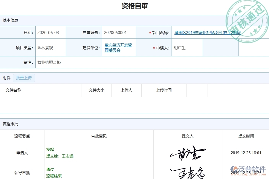 三、泛普軟件-園林工程企業(yè)管理系統(tǒng)中的資格自審列表主要內(nèi)容