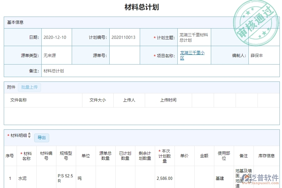 三、泛普軟件-機(jī)電工程管理系統(tǒng)在材料執(zhí)行情況表(按總計(jì)劃)中的解決方案