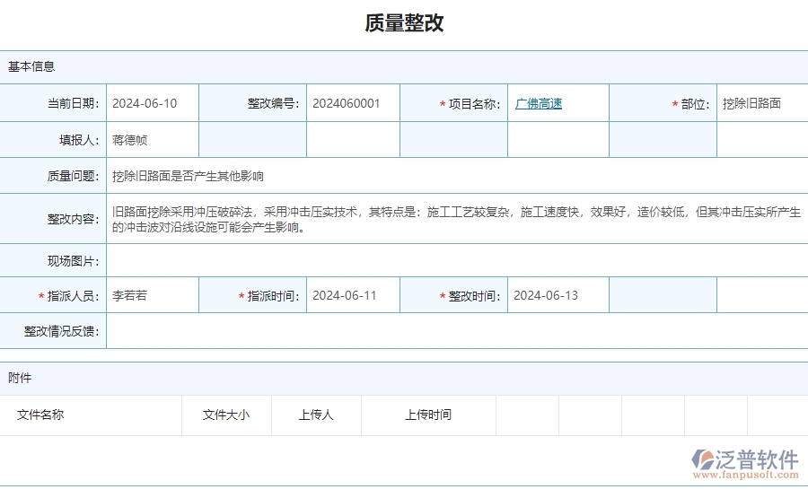 三、泛普軟件-公路工程企業(yè)管理系統(tǒng)中的質(zhì)量整改列表主要內(nèi)容