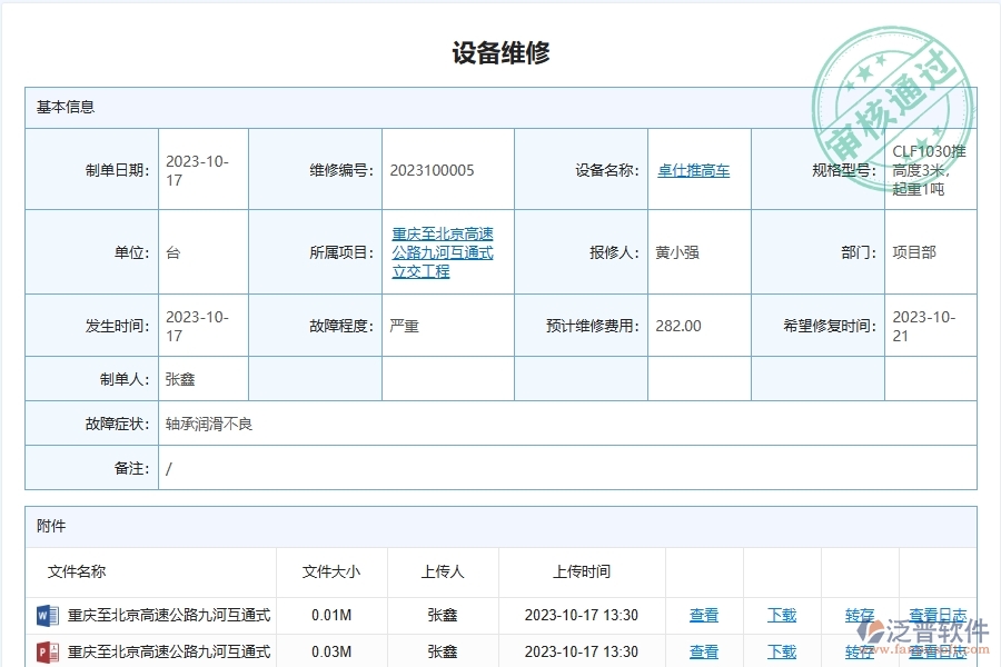 泛普軟件-路橋工程企業(yè)管理系統(tǒng)中設(shè)備安全維修管理主要功能