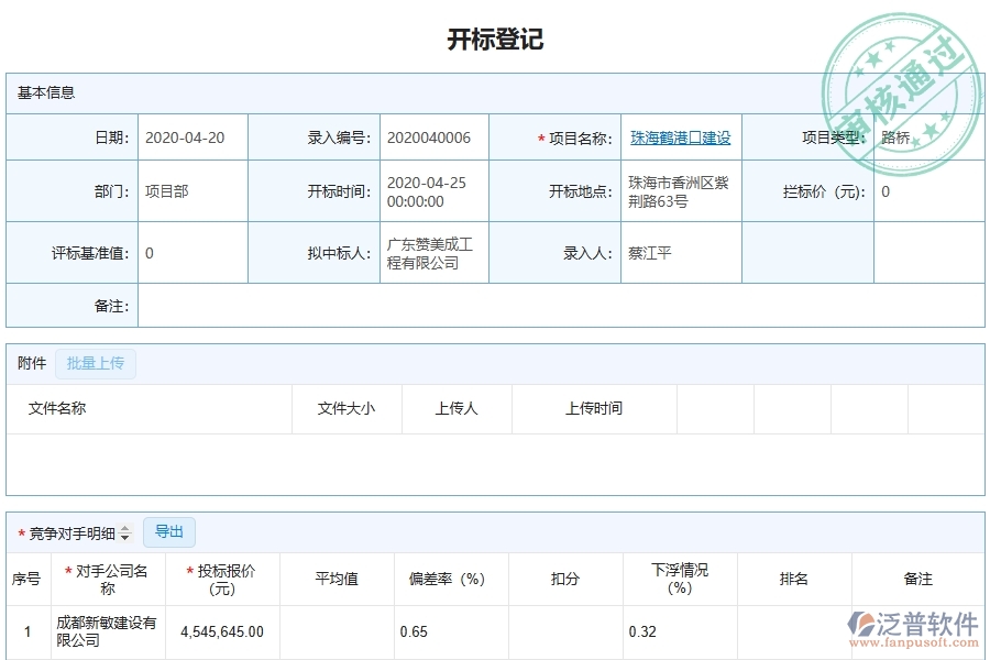 泛普軟件-路橋工程企業(yè)管理系統(tǒng)如何有效提升企業(yè)中的開標登記