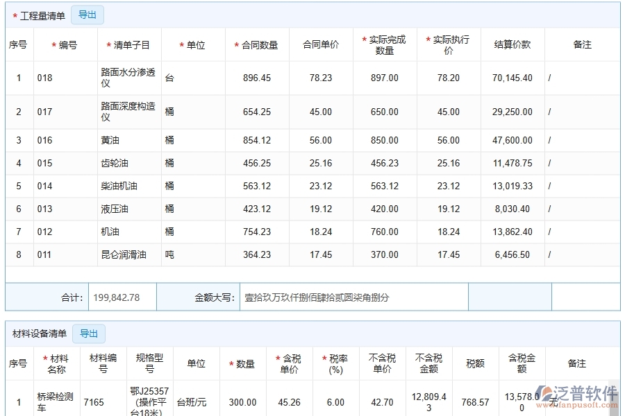 泛普軟件-路橋工程企業(yè)管理系統(tǒng)中的合同結(jié)算及明細單據(jù)及列表