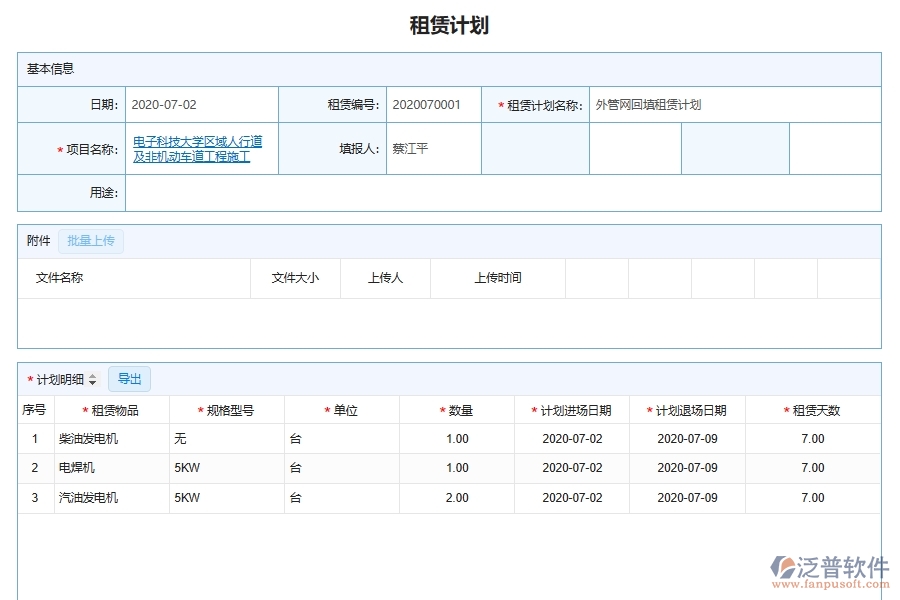 泛普軟件-市政工程企業(yè)管理系統(tǒng)中租賃項目計劃主要功能