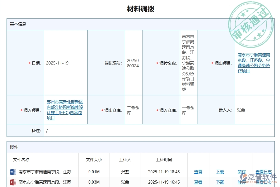 泛普軟件-路橋工程項目管理系統(tǒng)在材料調(diào)撥中的方案