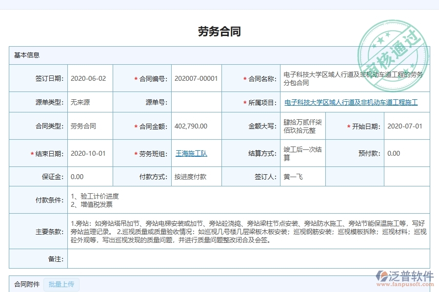 泛普軟件-市政工程企業(yè)管理系統(tǒng)中勞務(wù)合同列表的管控點(diǎn)及作用