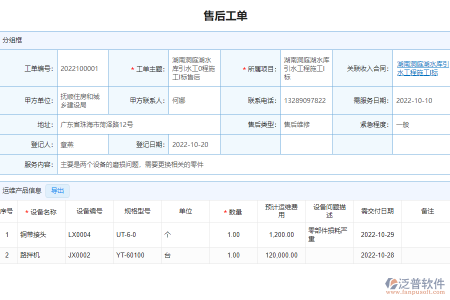 泛普軟件-市政企業(yè)管理軟件中售后工單明細表的價值