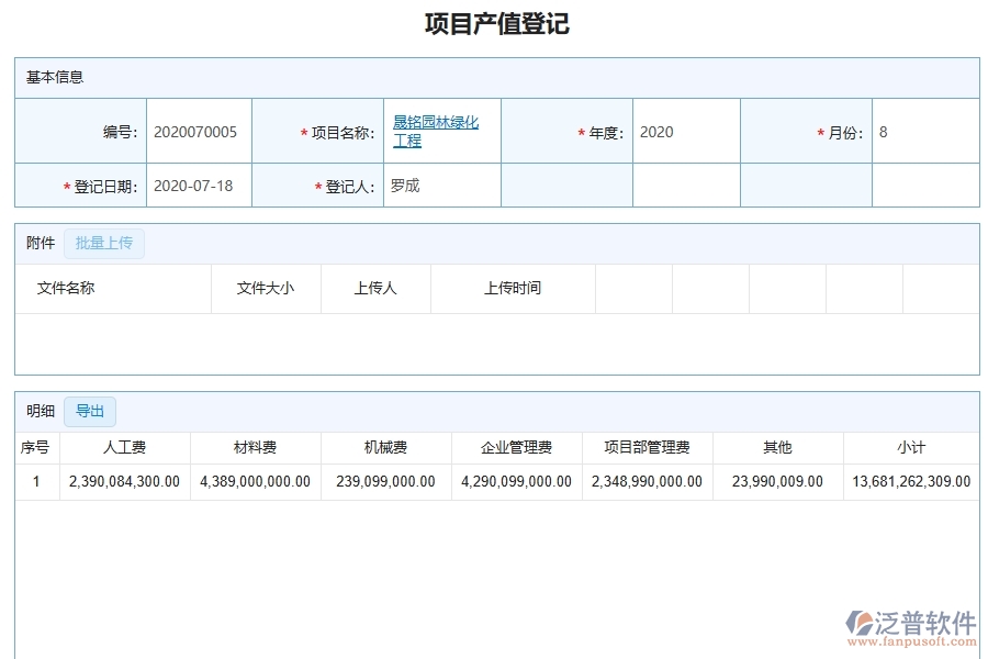 泛普軟件-園林工程企業(yè)管理系統(tǒng)中項目產(chǎn)值登記的主要功能