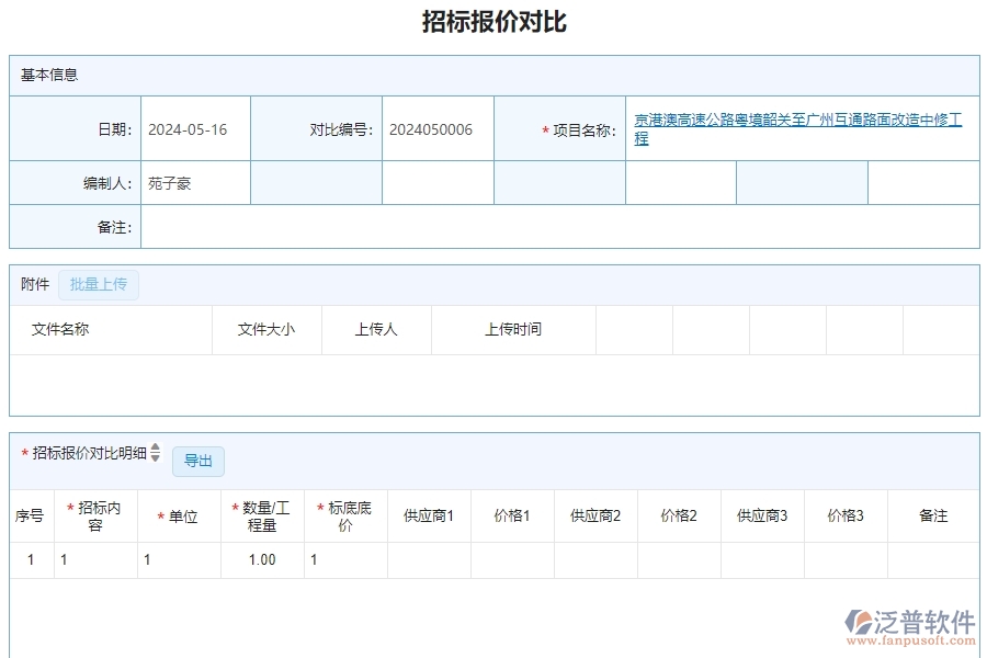 三、泛普軟件-公路工程企業(yè)管理系統(tǒng)的招標(biāo)報(bào)價(jià)對比明細(xì)查詢的管控點(diǎn)