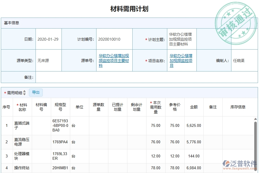 泛普軟件-的弱電工程項目管理系統(tǒng)在材料需用計劃明細查詢中的價值