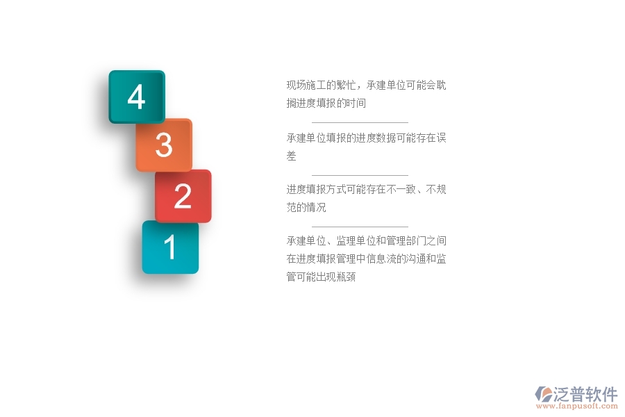 　　一、公路工程企業(yè)在進(jìn)度列表管理過程中存在的問題有哪些  　　1、現(xiàn)場施工的繁忙，承建單位可能會耽擱進(jìn)度填報的時間，導(dǎo)致監(jiān)理單位和管理部門不能及時掌握項目的整體進(jìn)度情況。  　　2、承建單位填報的進(jìn)度數(shù)據(jù)可能存在誤差，如進(jìn)度節(jié)點的處理和審核不準(zhǔn)確，影響項目進(jìn)度的跟蹤和管理。  　　3、進(jìn)度填報方式可能存在不一致、不規(guī)范的情況，如進(jìn)度條目的格式不正確，起始時間和結(jié)束時間不清晰等，給后續(xù)數(shù)據(jù)處理和分析帶來困難。  　　4、在進(jìn)度填報過程中可能沒有及時記錄，無法追溯，導(dǎo)致后期數(shù)據(jù)統(tǒng)計與分析時無法確定具體的數(shù)據(jù)參考來源。  　　5、可能出現(xiàn)漏填、遺漏或者不完整的情況，導(dǎo)致數(shù)據(jù)處理不準(zhǔn)確，影響后續(xù)工作的提前預(yù)警、異常處理和決策分析。  　　6、承建單位、監(jiān)理單位和管理部門之間在進(jìn)度填報管理中信息流的溝通和監(jiān)管可能出現(xiàn)瓶頸，導(dǎo)致監(jiān)管難度加大，進(jìn)度管理效果下降。  　　二、泛普軟件-公路工程企業(yè)系統(tǒng)中進(jìn)度列表管理的管控點  　　1、制定進(jìn)度填報的標(biāo)準(zhǔn)格式，包括條目名稱、填寫格式、單位規(guī)定等，確保各方填報數(shù)據(jù)的格式一致性和標(biāo)準(zhǔn)化。  　　2、明確進(jìn)度填報的責(zé)任人和責(zé)任部門，細(xì)化填報流程和進(jìn)度監(jiān)管機(jī)制，確保進(jìn)度數(shù)據(jù)的完整性和準(zhǔn)確性。  　　3、采用信息化手段，如進(jìn)度管理系統(tǒng)、移動App等，實現(xiàn)企業(yè)信息化管理和數(shù)據(jù)共享，促進(jìn)信息共享和協(xié)同工作。  　　4、在現(xiàn)場設(shè)立進(jìn)度填報點，配備專人跟蹤填報進(jìn)度數(shù)據(jù)，并對填報數(shù)據(jù)進(jìn)行審核和公示，有效控制填報數(shù)據(jù)的準(zhǔn)確性和實時性。  　　5、對進(jìn)度數(shù)據(jù)進(jìn)行分析，及時發(fā)現(xiàn)進(jìn)度異常情況并進(jìn)行預(yù)警和處理，以便保證項目進(jìn)度的正常推進(jìn)和提高施工效率。  　　6、將進(jìn)度填報數(shù)據(jù)進(jìn)行歸檔，建立進(jìn)度數(shù)據(jù)檔案庫，方便后期數(shù)據(jù)的查找和溯源，也便于后續(xù)的經(jīng)驗總結(jié)和管理優(yōu)化。  　　三、泛普軟件-公路工程系統(tǒng)中進(jìn)度列表管理的技術(shù)優(yōu)勢  　　1、提高數(shù)據(jù)處理和分析的效率，實現(xiàn)實時數(shù)據(jù)共享和協(xié)同工作，減少重復(fù)工作和數(shù)據(jù)錯誤，提升工作效率和施工質(zhì)量。  　　2、相較于傳統(tǒng)手工填寫，數(shù)據(jù)的準(zhǔn)確性和實時性得到了很大程度上的提升，能夠更為精準(zhǔn)地掌握項目進(jìn)度的狀態(tài)，提升項目和施工質(zhì)量。  　　3、通過數(shù)據(jù)歸檔和建立數(shù)據(jù)檔案庫的方式，將填報的數(shù)據(jù)進(jìn)行歸檔，能夠方便后續(xù)的數(shù)據(jù)查找、溯源和數(shù)據(jù)分析，為后續(xù)工作提供數(shù)據(jù)支撐和決策依據(jù)。  　　4、實現(xiàn)不同部門和人員之間的信息共享和協(xié)同工作，能夠減少信息孤島和信息壁壘的出現(xiàn)，提高協(xié)同工作效率和施工質(zhì)量。  　　5、及時發(fā)現(xiàn)和處理施工過程中的問題和風(fēng)險，及時調(diào)整和優(yōu)化施工進(jìn)度和資源配置，提高工作流程和管理效率。  　　四、泛普軟件-公路工程管理系統(tǒng)在進(jìn)度列表中的解決方案  　　1、數(shù)據(jù)采集：通過系統(tǒng)采集設(shè)備監(jiān)測、人員作業(yè)等數(shù)據(jù)，實現(xiàn)數(shù)據(jù)自動化和準(zhǔn)確性。  　　2、進(jìn)度分解：將工程項目按工序分解成多個節(jié)點，通過進(jìn)度管理系統(tǒng)進(jìn)行進(jìn)度規(guī)劃，確定各工序的計劃開始時間、結(jié)束時間、工期等信息，形成進(jìn)度計劃表。  　　3、進(jìn)度跟蹤：通過實時監(jiān)控工程進(jìn)度，對進(jìn)度偏差情況進(jìn)行預(yù)警和報警，及時調(diào)整進(jìn)度計劃，保證施工工序按照計劃有序進(jìn)行。  　　4、進(jìn)度協(xié)同：系統(tǒng)內(nèi)部溝通協(xié)作，實現(xiàn)不同人員、部門的進(jìn)度信息共享和協(xié)同工作，減少信息重復(fù)填寫和過時的情況，提高工作效率。  　　5、進(jìn)度分析：通過進(jìn)度數(shù)據(jù)分析，快速判斷工程進(jìn)度的偏差情況和原因，對進(jìn)度延誤和提前因素進(jìn)行分析和處理，提高工程質(zhì)量和效益。  　　6、進(jìn)度報告：根據(jù)進(jìn)度數(shù)據(jù)生成報表和圖表，實現(xiàn)進(jìn)度數(shù)據(jù)的可視化展示，為管理決策提供數(shù)據(jù)支撐。