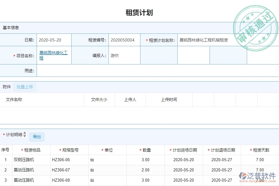 三、泛普軟件-園林工程企業(yè)管理系統(tǒng)的租賃合同的管控點