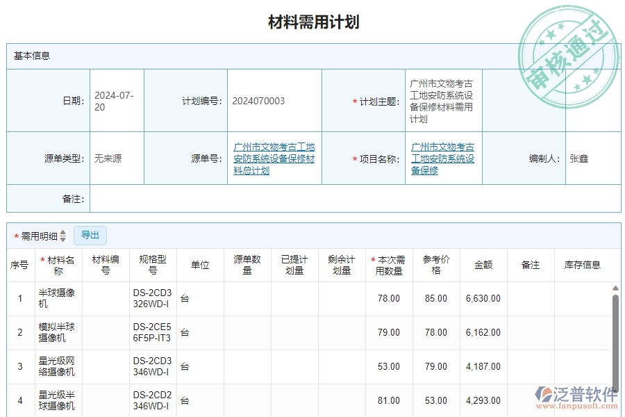 三、安防工程企業(yè)使用泛普軟件-材料需用計(jì)劃明細(xì)查詢管理的好處