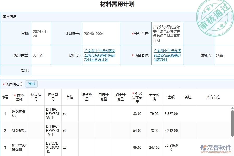 三、泛普軟件-安防工程管理系統(tǒng)中材料需用計劃的幾個優(yōu)勢是什么