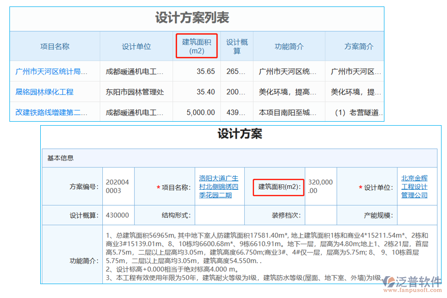 設(shè)計方案列表中【建筑面積】字段