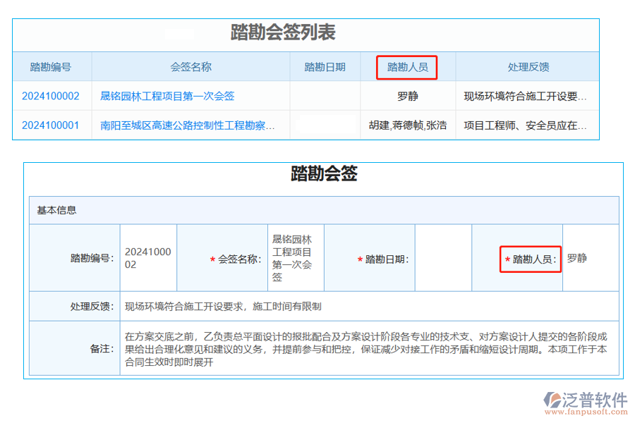 踏勘會簽列表中【踏勘人員】字段