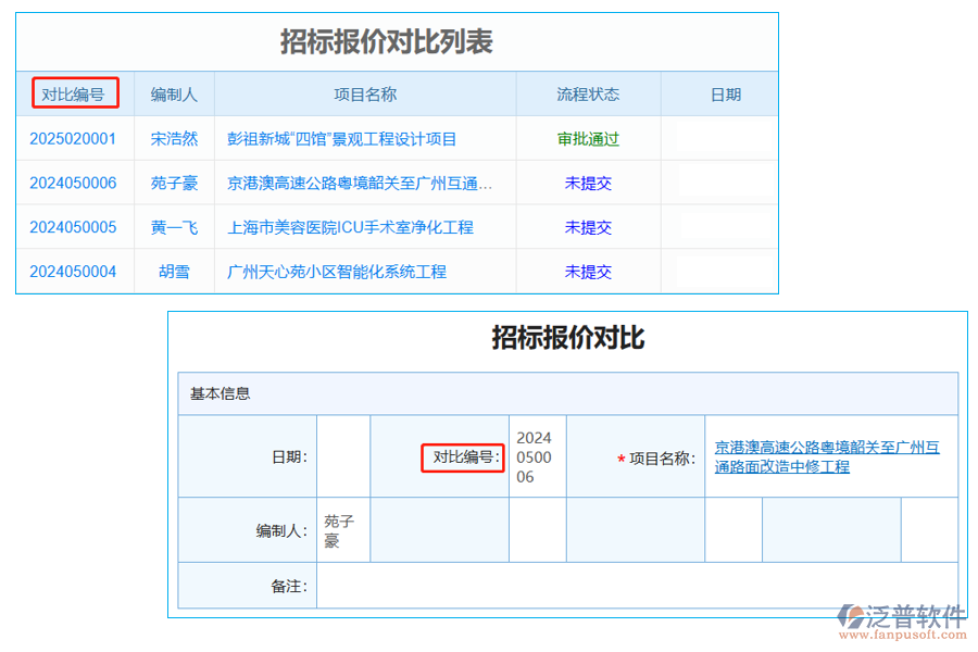 招標(biāo)報(bào)價(jià)對(duì)比列表中【對(duì)比編號(hào)】字段