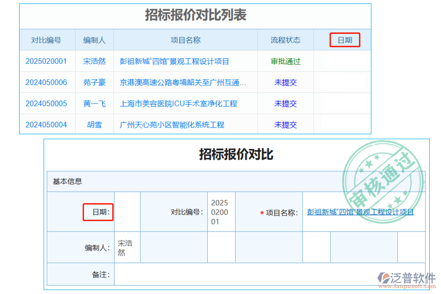 招標報價對比列表中【日期】字段