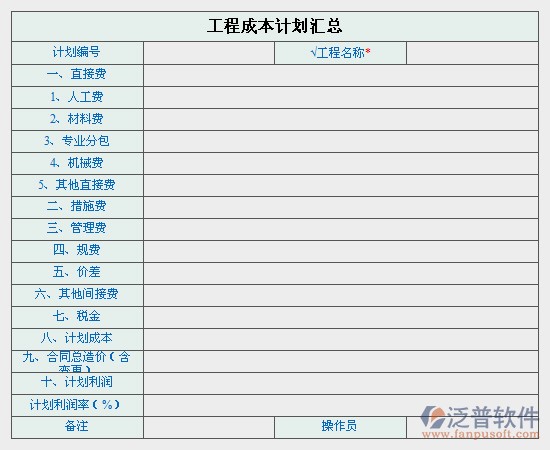 工程成本計(jì)劃匯總圖